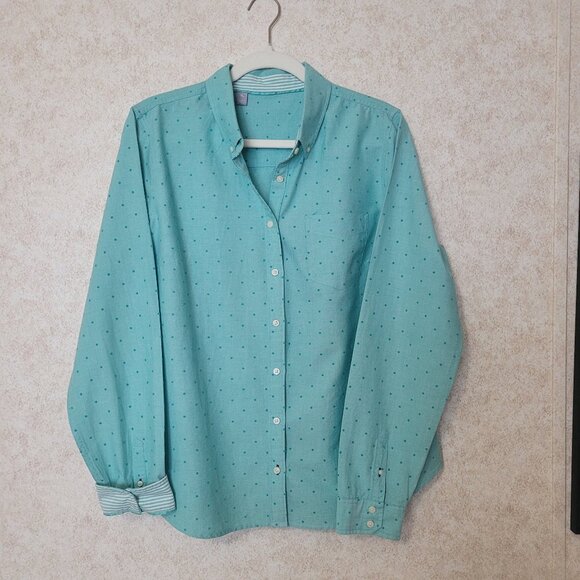 Blue Polka Dot Button Long Sleeve Shirt Womans Size XL - Picture 3 of 16